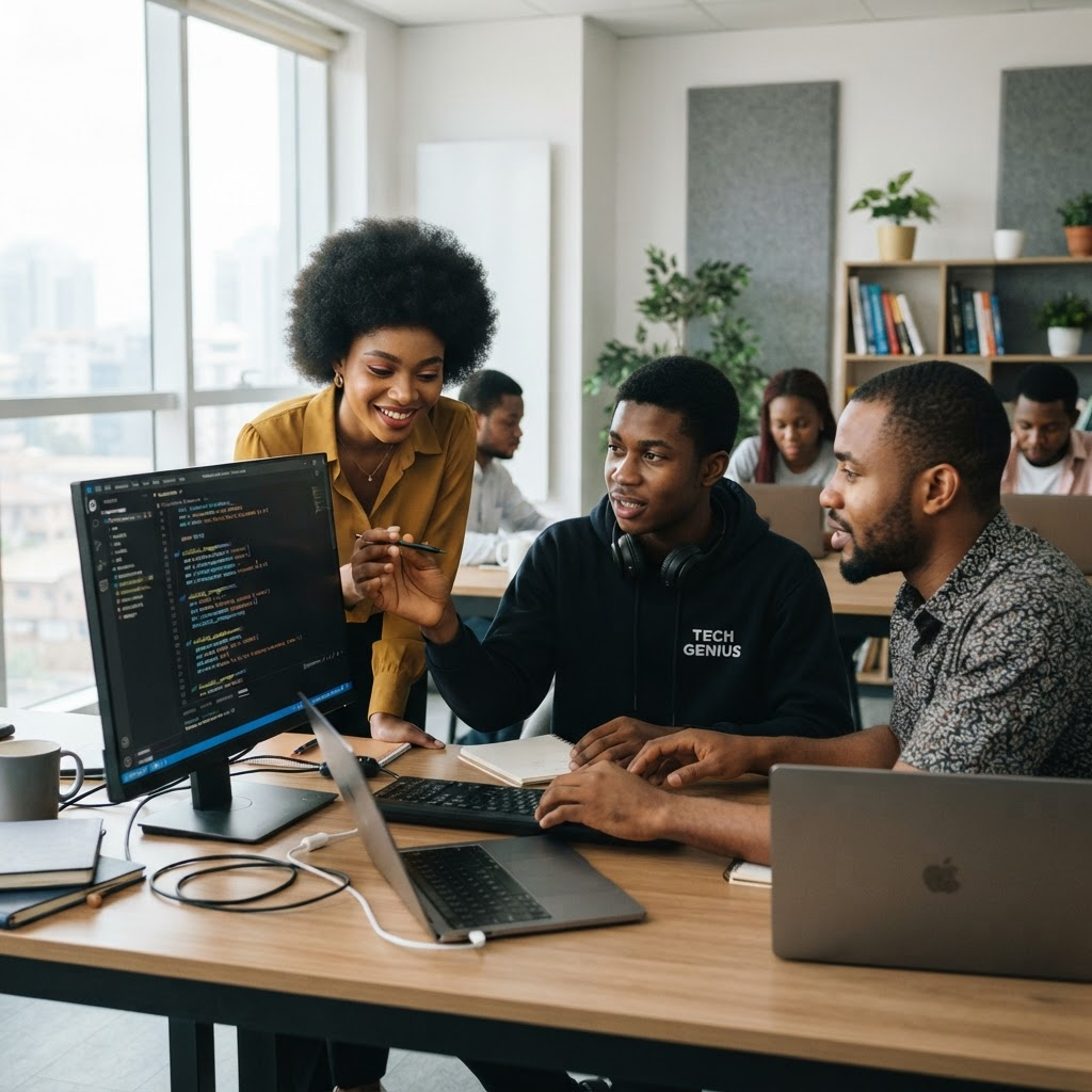 Mentors and a student reviewing code together