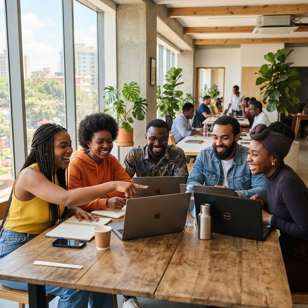 Young African tech professionals collaborating in a modern innovation hub